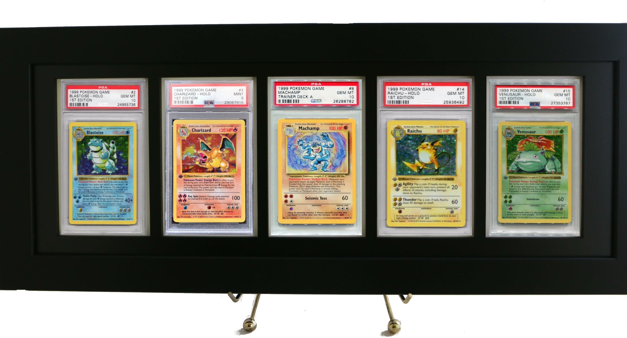 Pokemon Card Frame/Display w/ FIVE PSA Graded Card Openings-Black Desi Pokemon Card Frame/Display w/ FIVE PSA Graded Card Openings-Black Desi