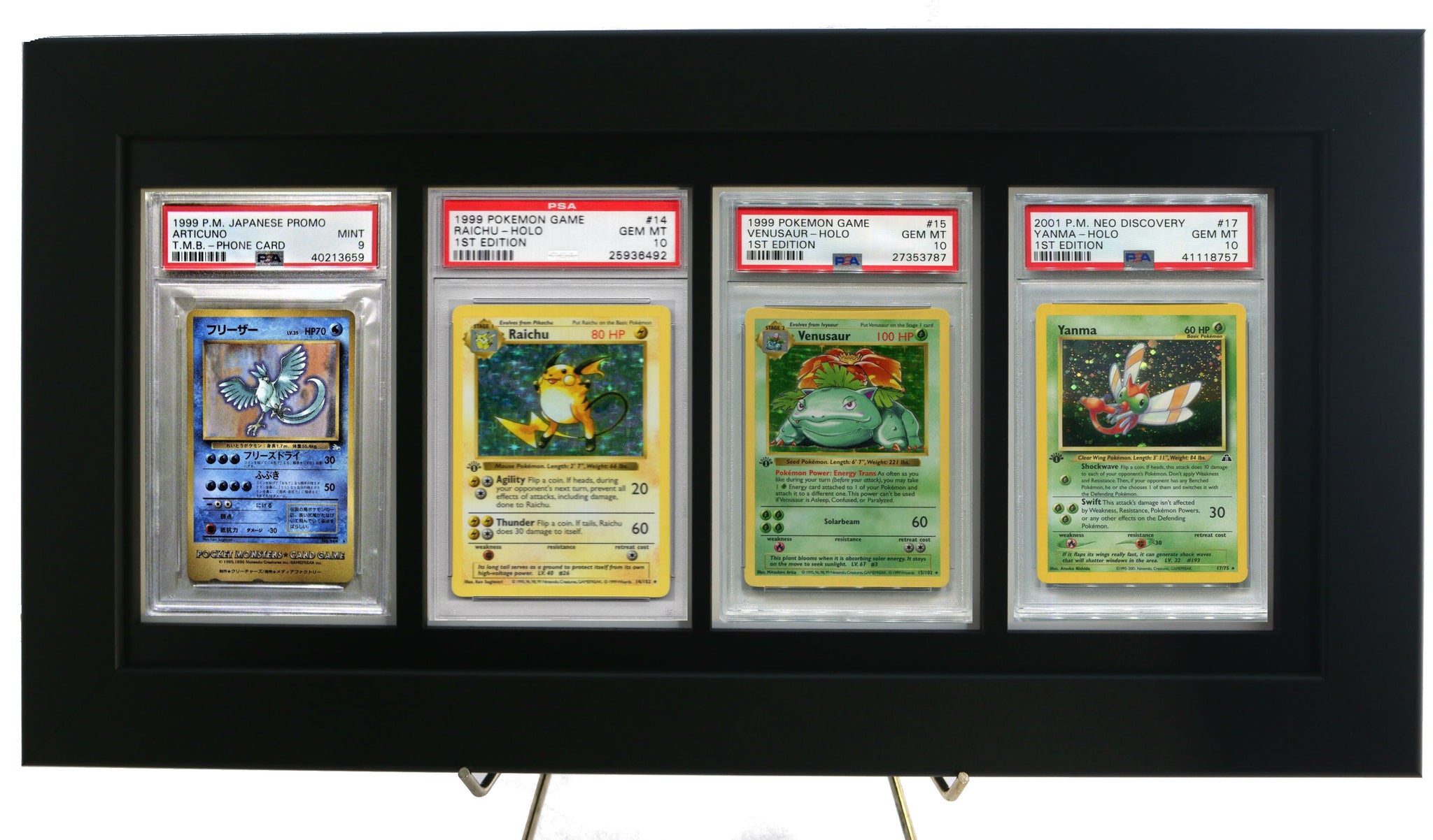 Pokemon Card Frame/Display w/ FOUR PSA Graded Vertical Card Openings-Black Design - Graded And Framed
